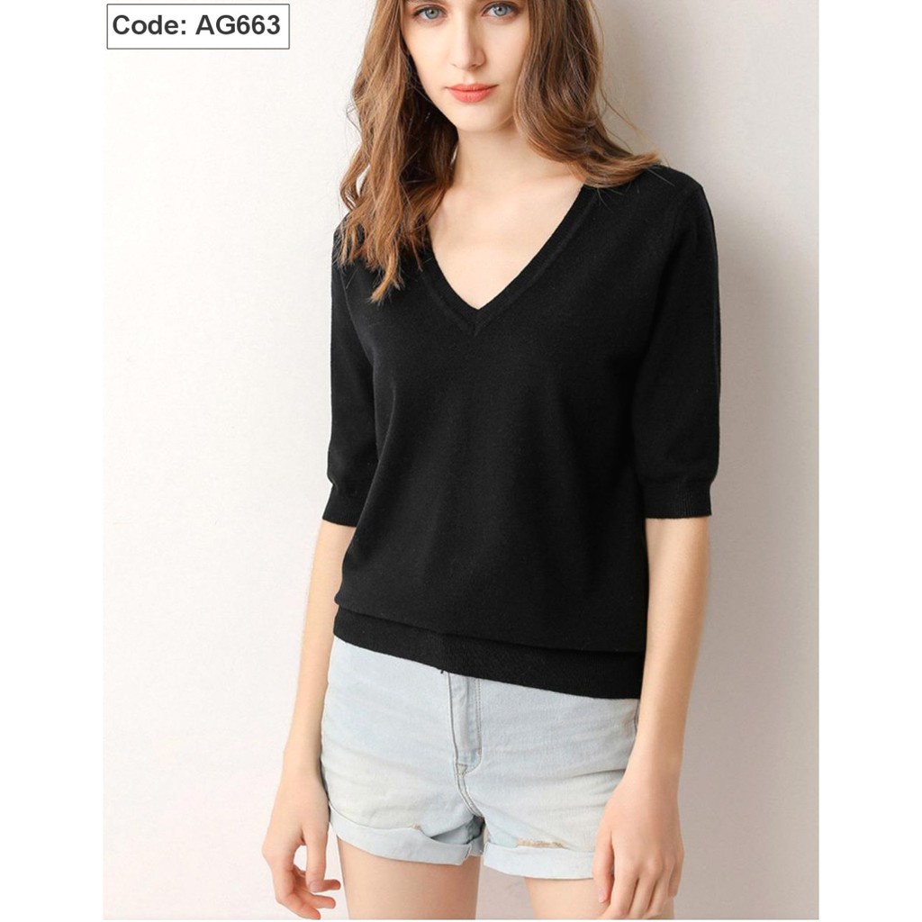 Áo Thun Len Nữ Tay Lỡ Cổ Tim Cao Cấp AG663130 ASS