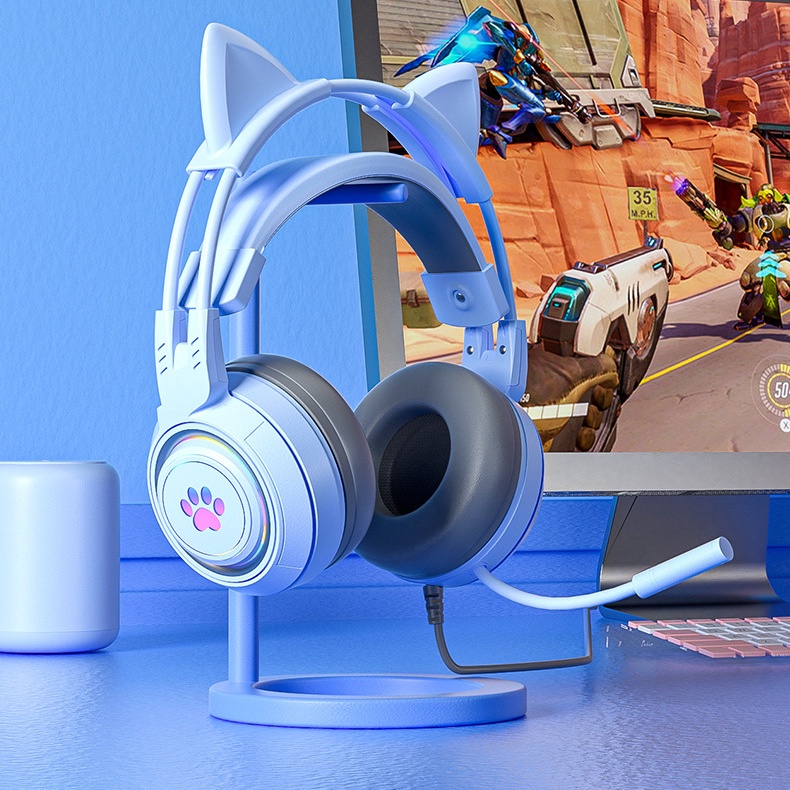 Tai nghe gaming Pulierde G25 dạ quang tai mèo có dây tích hợp mic giảm ồn