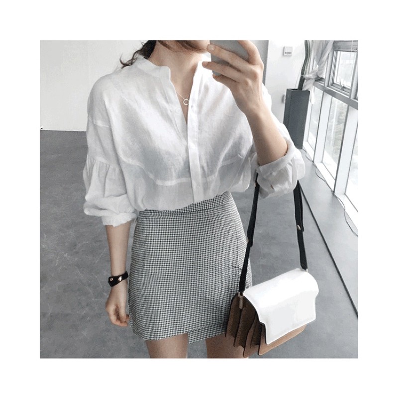 Áo sơ mi trắng tay bồng chân váy chữ A dáng xòe xếp ly WANAWEAR áo nữ tiểu thư set đồ bộ công sở