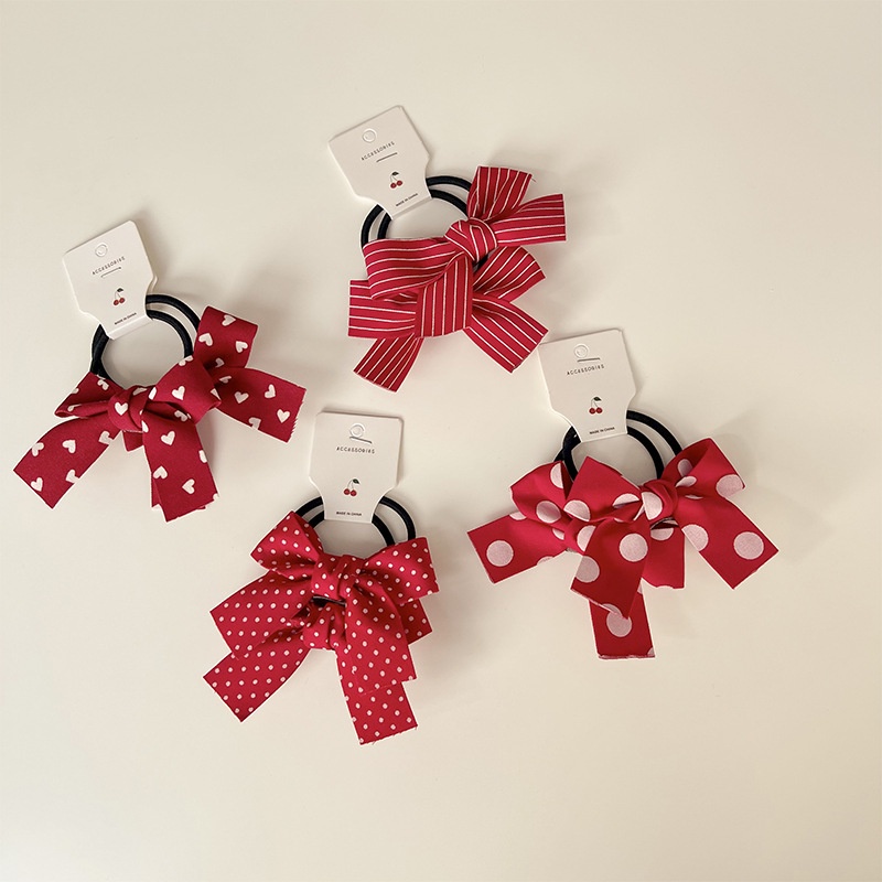 Bộ 2 dây buộc tóc đính nơ màu đỏ đơn giản phong cách Hàn Quốc