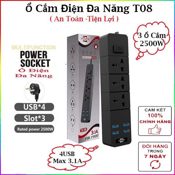 3 Ổ + 4USB 3.1A Ổ cắm điện thông minh cao cấp T08, dây dài 2m, 4 USB 3 phích cắm, công suất 2500W chống giật, lõi đồng