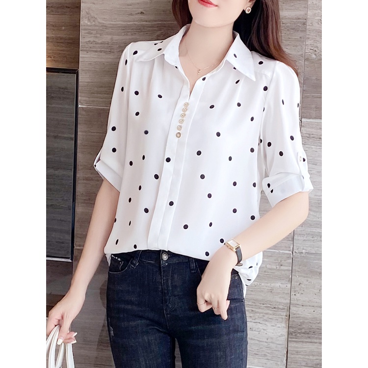 Áo Sơ Mi Nữ Chấm Bi Tay Lỡ Cài Cúc