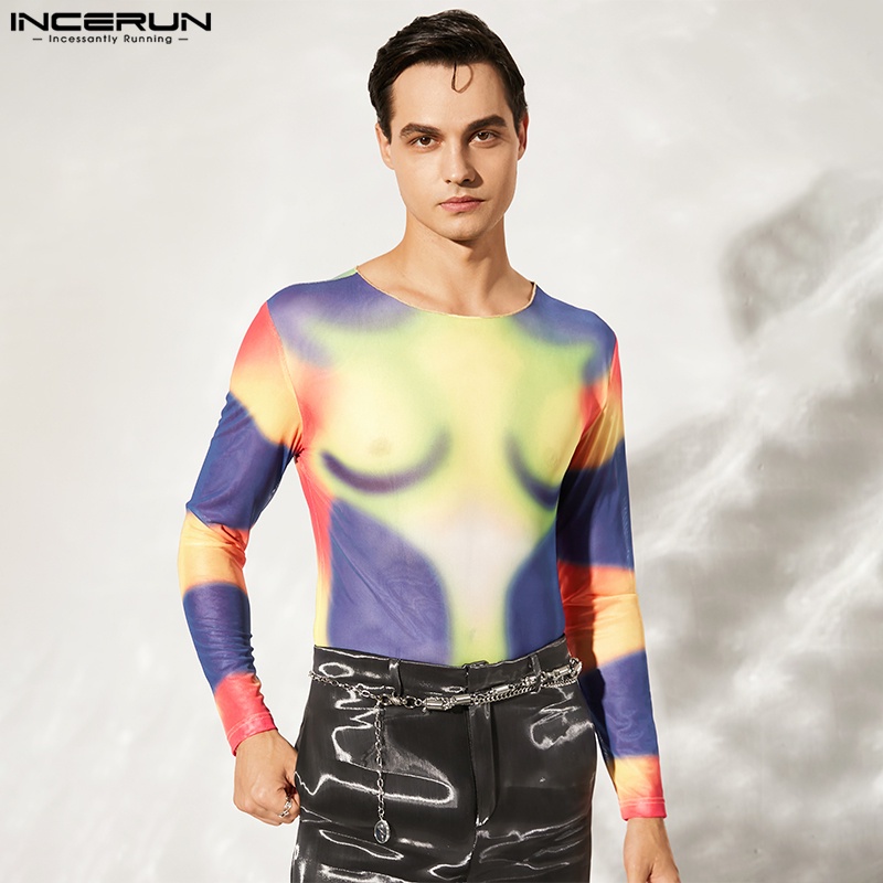 Áo thun INCERUN tay dài cổ tròn in hình hoa cho nam