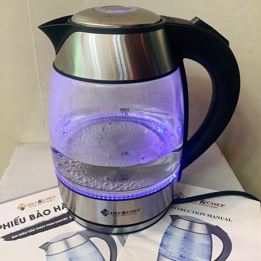Ấm đun nước siêu tốc thủy tinh 1800ml Chef&chef bảo hành 12 tháng