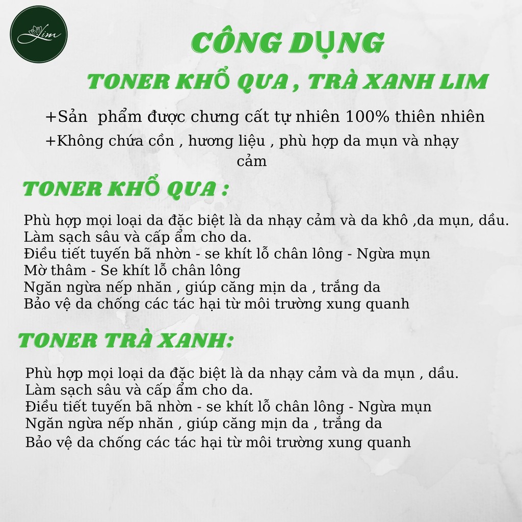 Nước Hoa Hồng Toner Khổ Qua / Trà Xanh LIM Handmade - Giảm Mụn Mờ Thâm , Se Khít Lỗ Chân Lông , Xịt Khoáng