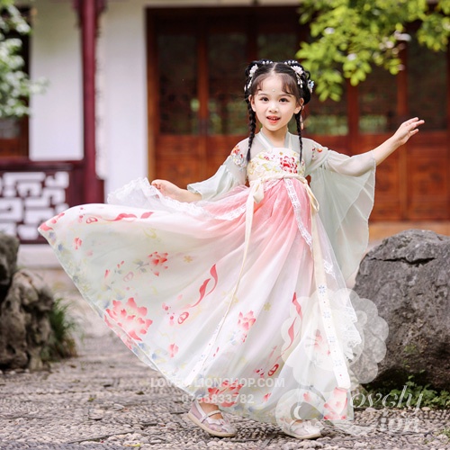 Hán phục màu trắng hồng cho bé gái+tặng kẹp tóc