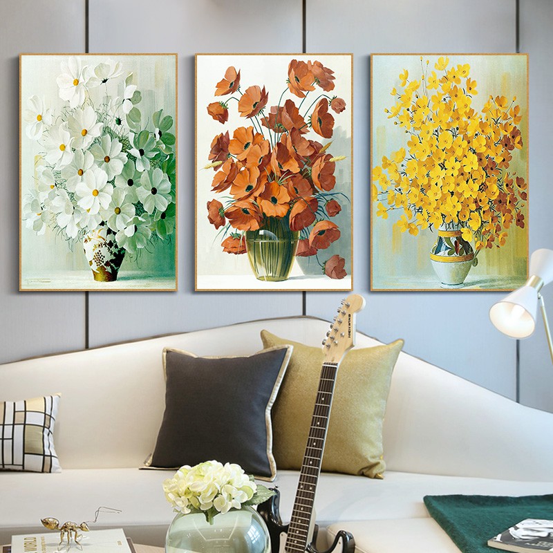 HD16 Bộ 3 Bức Tranh Treo Tường Phòng Khách Hình Hoa Phong Cách Đơn Giản Lụa Cao Cấp Kèm Đinh Gắn Tường