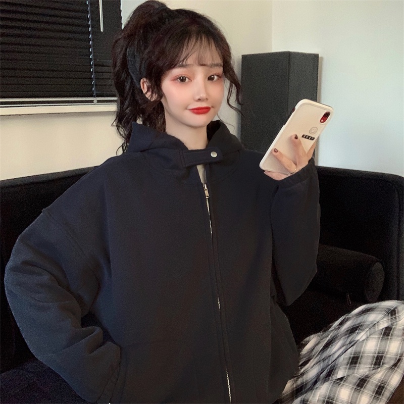 Áo hoodie dài tay màu trơn phối khóa kéo thời trang mùa thu năng động