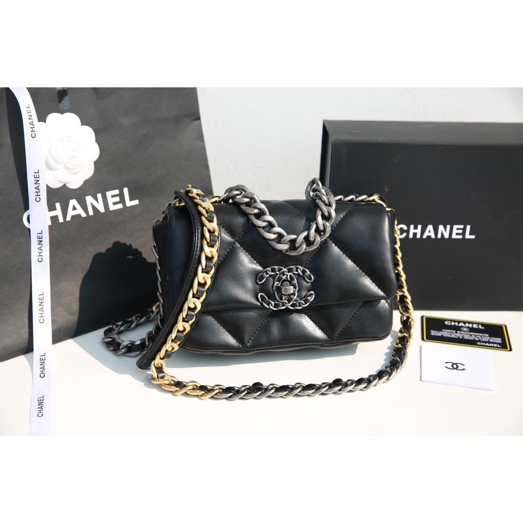 Túi Xách Nữ Thời Trang Túi Đeo Chéo C19 Ô Trám Đen 2022 Xích Bạc Có Hộp Nam Châm