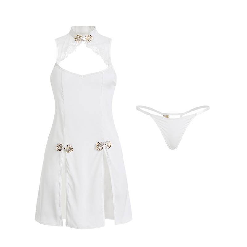 Bộ đồ ngủ kiểu sườn xám hở lưng thêu họa tiết quyến rũ cho nữ 2022