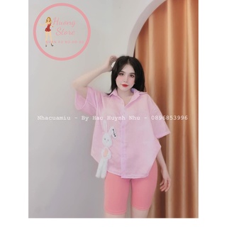 Set áo sơ mi caro tà phối hình thỏ cute dễ thương tay lửng kèm quần ngố thun