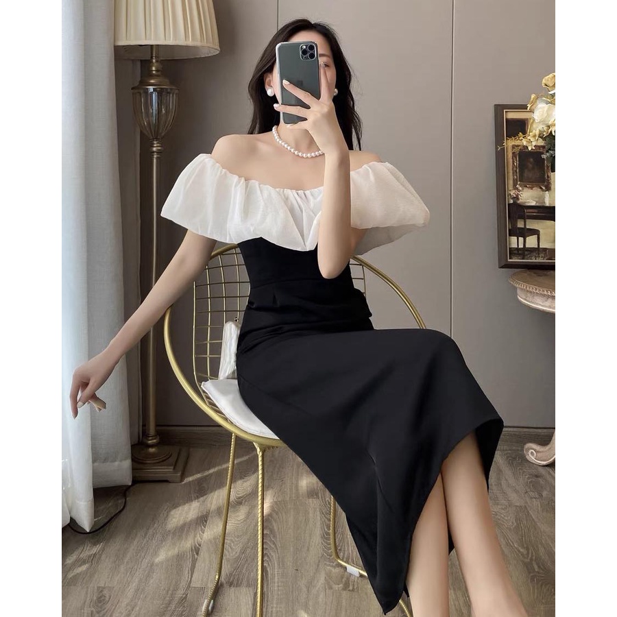 Đầm Trễ vai Dự Tiệc Form Dài Chất Cotton Lạnh 2 lớp Sang Trọng – Thanh Lịch