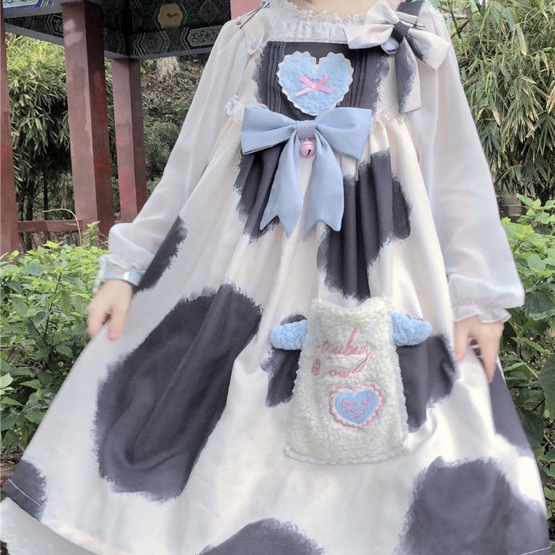 Đầm Yếm In Họa Tiết Bò Sữa Phong Cách lolita Xinh Xắn