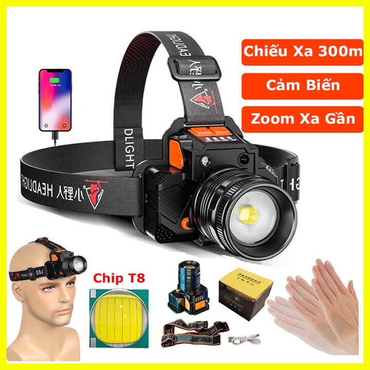 Đèn pin siêu sáng đội đầu 1 bóng chiếu xa 300m cảm biến vẫy tay, chip Led T8 có Zoom xa gần, chống t