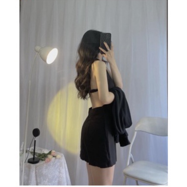 SET ĐẦM YẾM ĐEN CUTOUT LƯNG KÈM KHOÁC