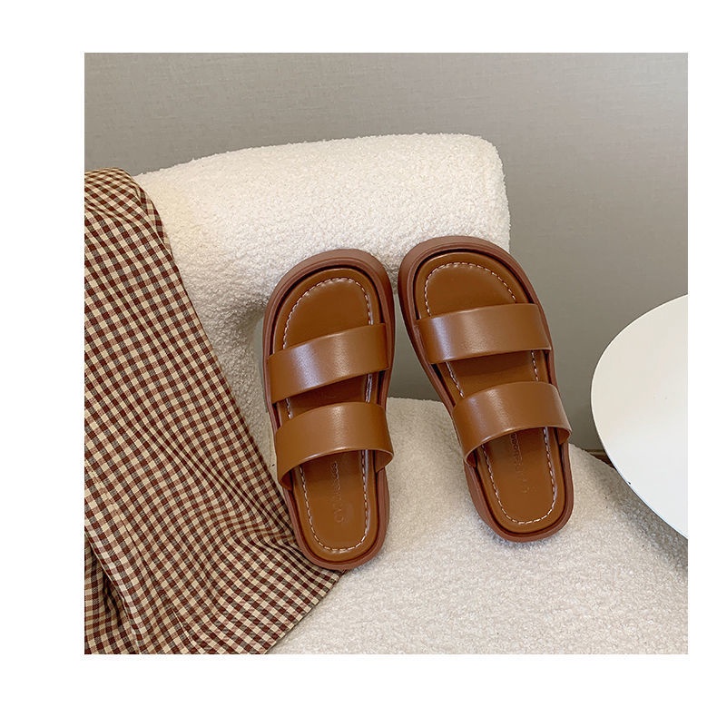 Sandal đế dày, 2 quai da mềm phong cách Hàn Quốc