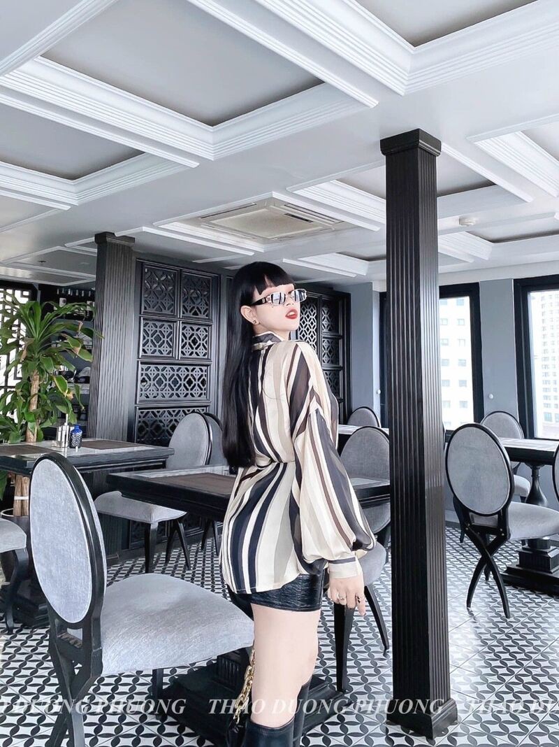 Áo váy sơ mi lụa sọc sang chảnh dáng rộng hàng đẹp sexy