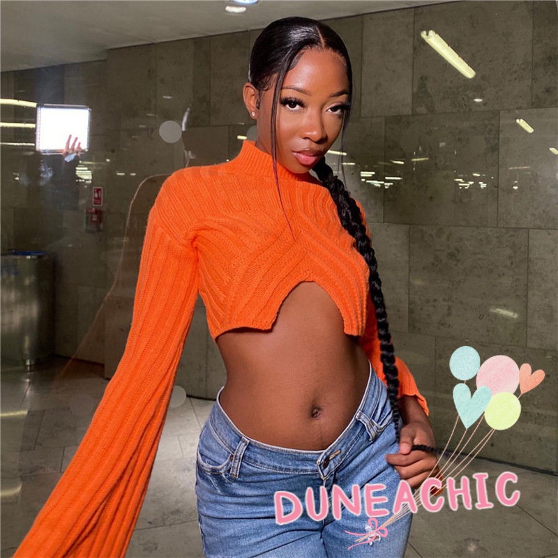 DUNEA Áo Sweater Dệt Kim Tay Loe Cổ Tròn Thiết Kế Quyến Rũ Cho Nữ