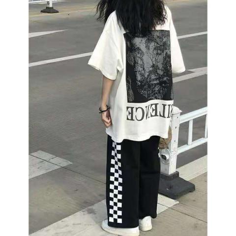 Set quần caro áo silence onesize unisex - Bộ áo thun cộc suông cổ tròn basic in lưng kèm quần suông ống rộng nam nữ