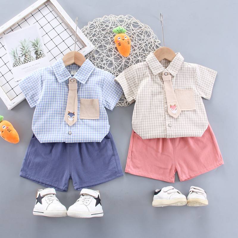 0-5 tuổi Chàng trai Thời trang Mùa hè Trẻ em Lapel Quần áo ngắn tay Boy Kẻ sọc In áo ngắn tay + Quần short 2 mảnh Set