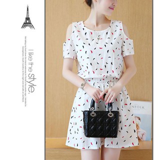 Đầm nữ tay ngắn trễ vai họa tiết hoa thời trang quyến rũ