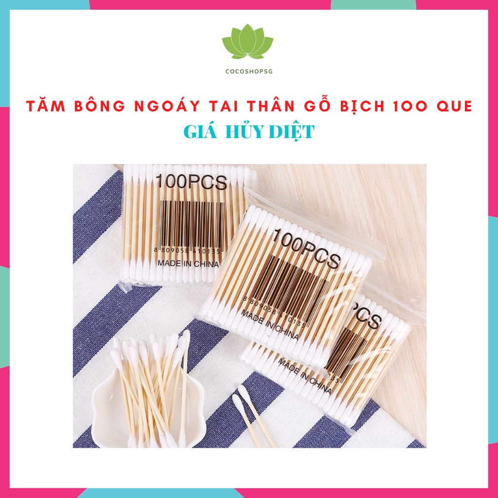 Tăm bông thân gỗ bịch 100 que, tăm bông ráy tai thân thiện với môi trường