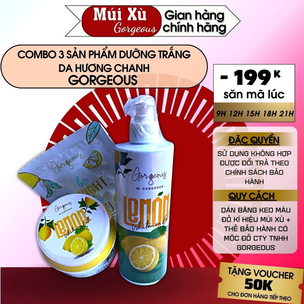 Combo 3 sản phẩm chắm sóc da hương chanh Gorgeous dưỡng ẩm da giúp trắng da múi xù