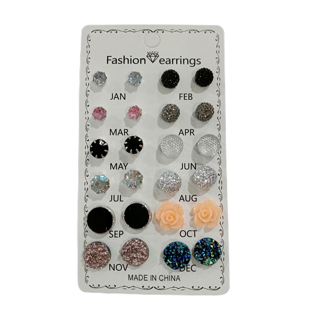 Set 12 đôi bông tai đính đá hình hoa đơn giản cho nữ