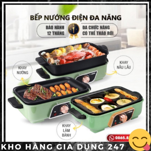 Bếp lẩu nướng đa năng kết hợp 3 trong 1, khay rời, nướng, lẩu, làm bánh, có sẵn khay, an toàn tiện lợi