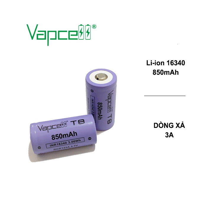 Pin sạc VAPCELL 16340 dung lượng 850mAh dòng xả 3A