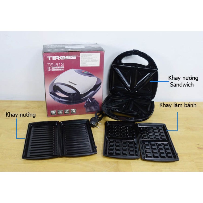 Máy kẹp bánh mỳ Sandwich Tiross TS-513 / TS-9655 Với 3 khuôn ép