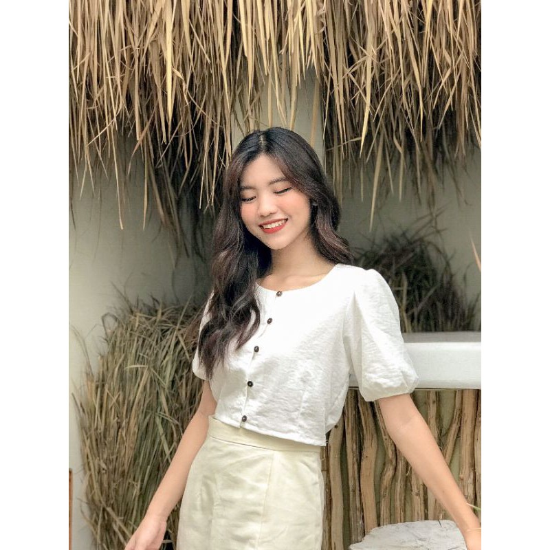 Áo kiểucroptop Nút gỗ Vintage style Hàn quốc Ulzzang Tay phồng Tay ngắn.