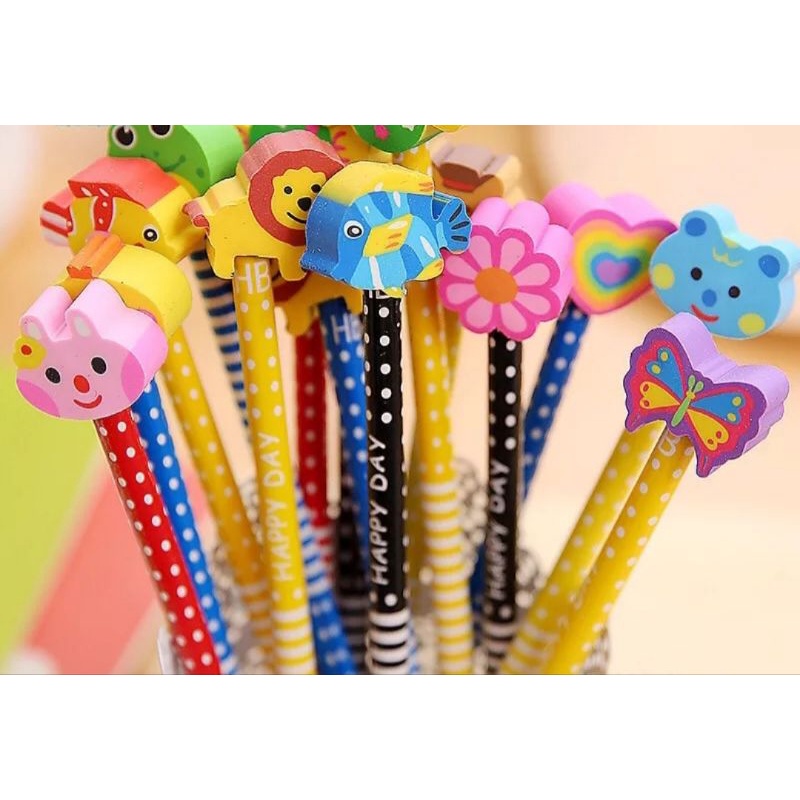 Bút chì kèm tẩy họa tiết hoạt hình ngộ nghĩnh bé học vẽ, học viết