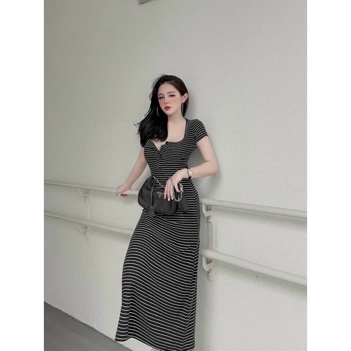 Đầm body sọc ngang dáng dài cổ U cài nút ly chất đẹp