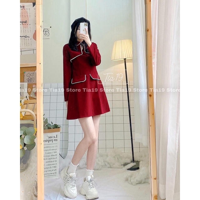 Váy đỏ nhung viền dài tay Tia19. Đầm đỏ Tết dáng ngắn ulzzang