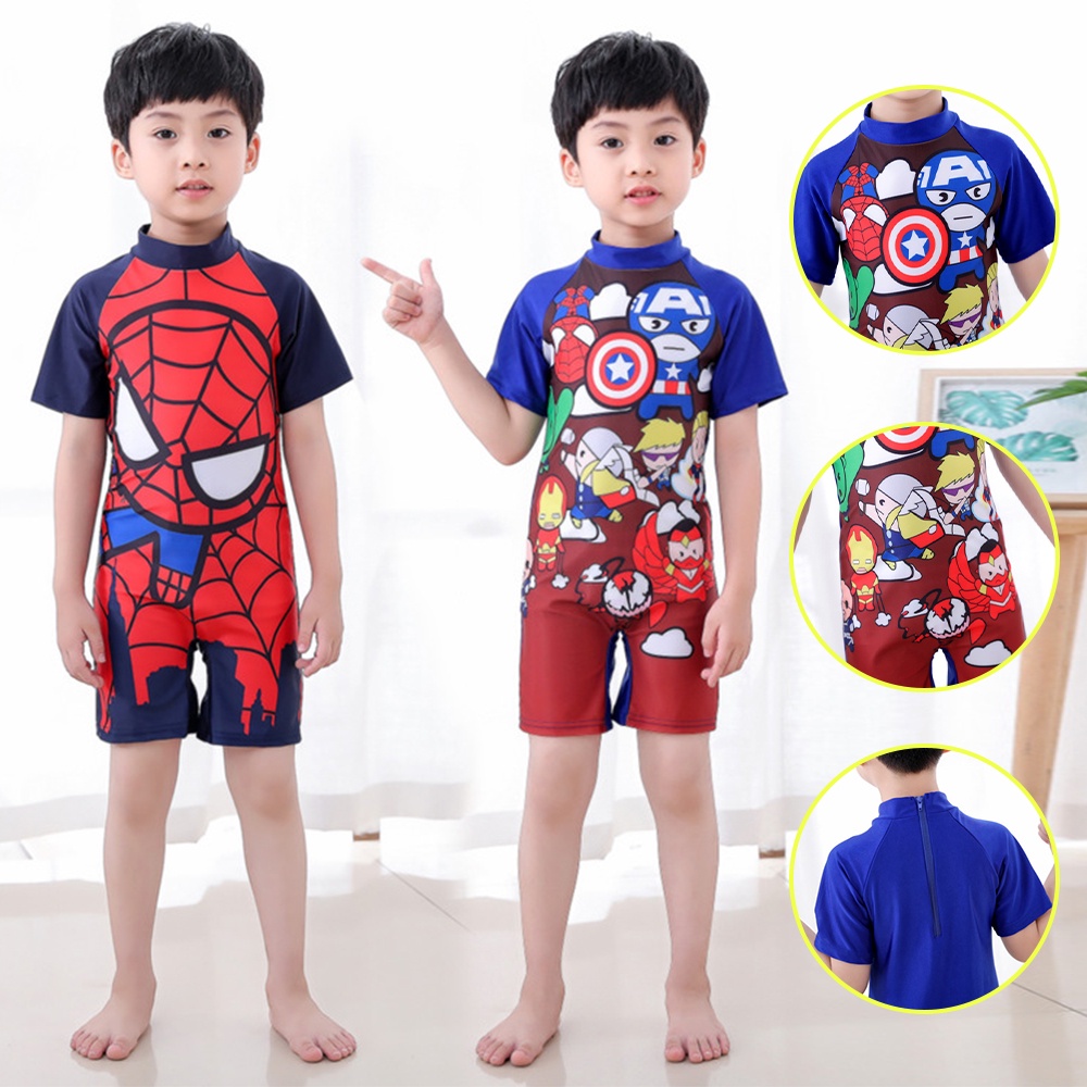 Đồ bơi liền thân ngắn tay họa tiết nhân vật anh hùng tùy chọn thời trang cho bé trai