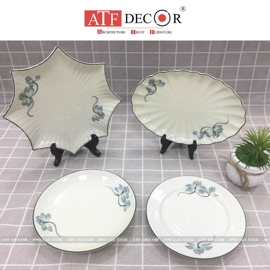 [MẪU HOT] Bộ bát đĩa Bát Tràng sang trọng, cao cấp men kem vẽ hoa sen xanh-ATF Decor