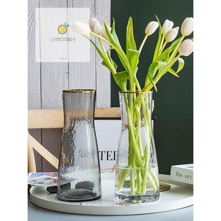 Bình hoa trong suốt thủy tinh xanh ghi viền vàng cổ tròn phong cách Bắc Âu