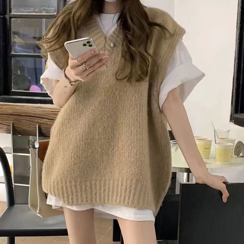 Áo Sweater Dệt Kim Không Tay Cổ Chữ v Phong Cách Hàn Quốc Dành Cho Nữ