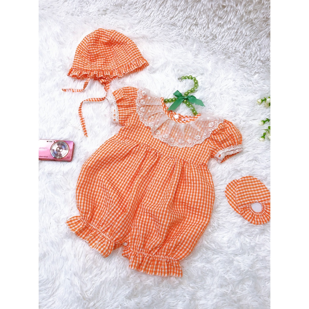 Bộ body bé gái họa tiết caro màu cam phối ren siêu đẹp. Chất cotton 100% siêu mềm mặc thích ✅ SIZE: 3 -12kg
