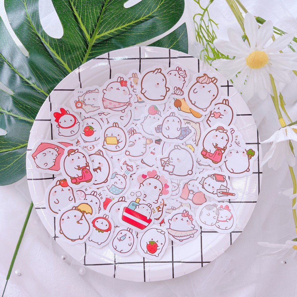 Sticker gói 50 miếng dán sổ, điện thoại mẫu bé gái trái đào, bé thỏ cute hoạt hình dễ thương