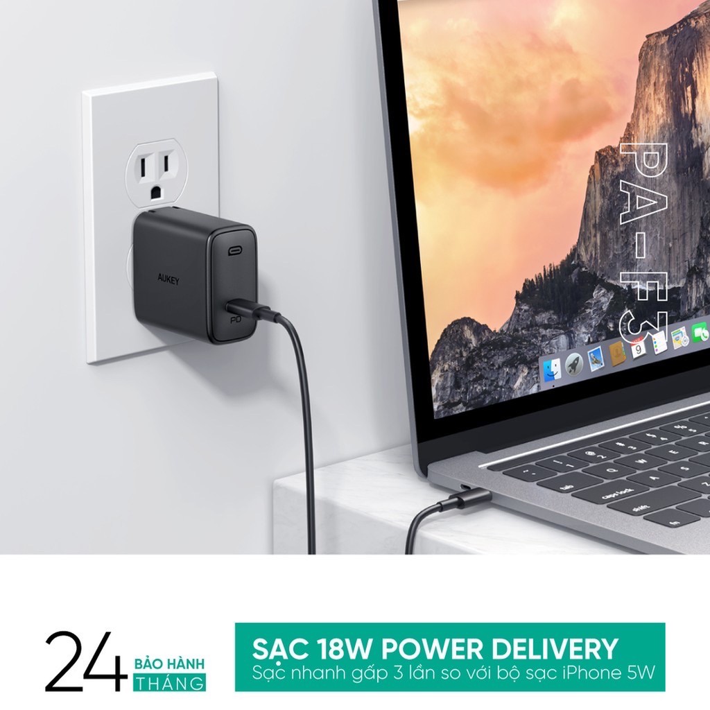 Củ sạc nhanh iPhone, iPad, S10, Note 10 AUKEY PA-F3 30W (1 cổng C PD 3.0 18W, 1 cổng A AiQ 12W)