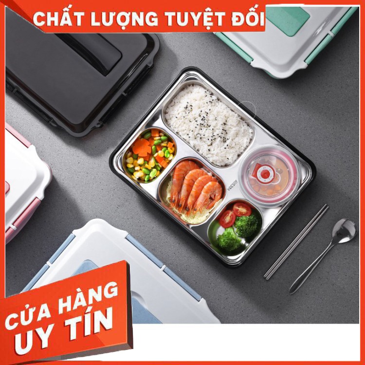 HÀNG CAO CẤP -  Hộp Cơm Văn Phòng Khay Inox 5 Ngăn Có Bát Để Canh Bọc Nhựa Bên Ngoài - Có Giá Điện Thoại Tặng Thìa Đũa I