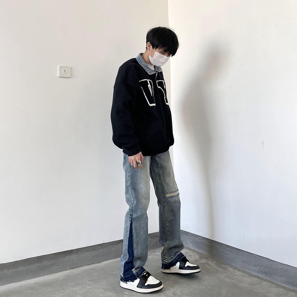 Quần jeans dài ống loe phối vết rách phong cách đường phố retro cá tính dành cho nam