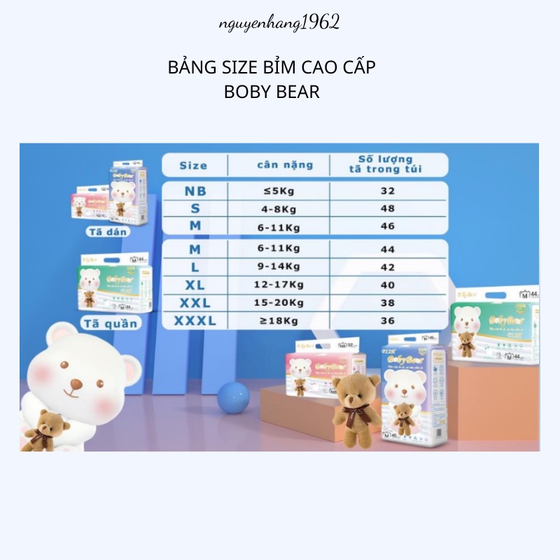 Bỉm tã quần/dán BOBY BEAR tinh chất trà xanh mềm, mỏng, siêu thấm s48/m46/m44/l42/xl40/xxl38/36