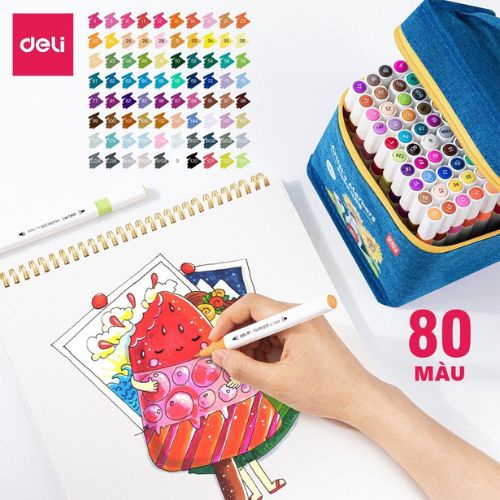 Bút màu marker DELI 2 đầu túi vải bò mực có thể rửa được, bút màu có đầu brush và vát 30 40 60 80 màu- 70808