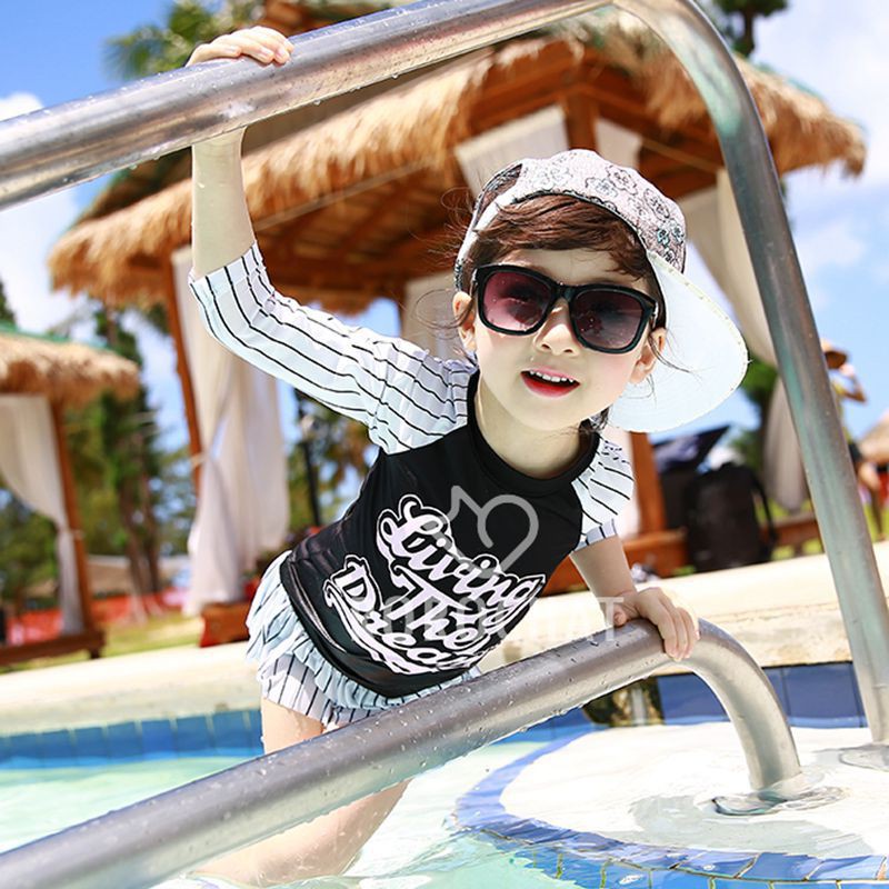 Đồ bơi dài tay chống nắng Dream cho bé BB008-kẻ sọc đen trắng phối chữ hồng cho bé gái 6m-10T hàng Quảng châu loại 1