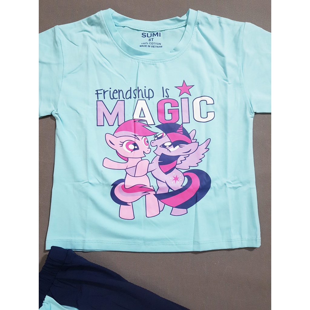 Bộ thun cotton bé gái kiểu thể thao áo croptop in pony quần lửng