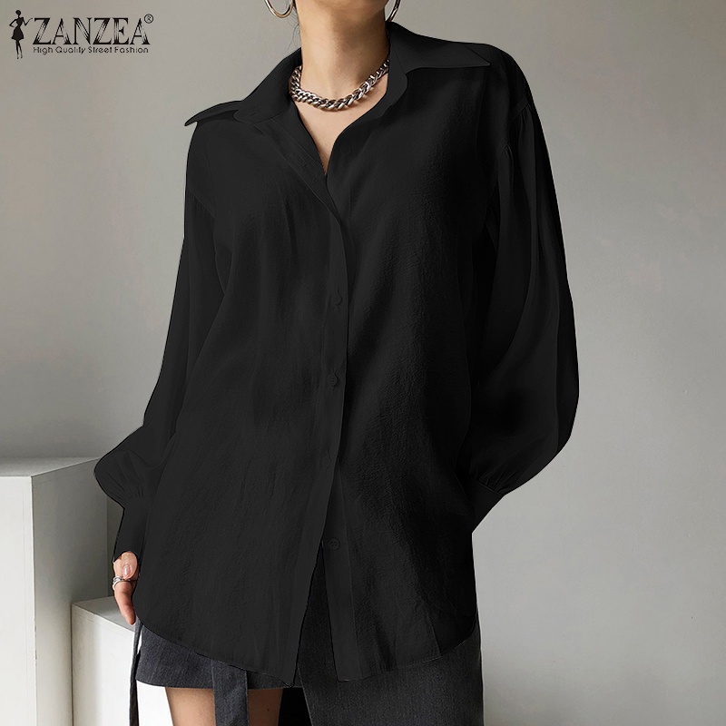 Áo sơ mi ZANZEA tay phồng dài cổ tay áo gài nút màu trơn vintage cho nữ