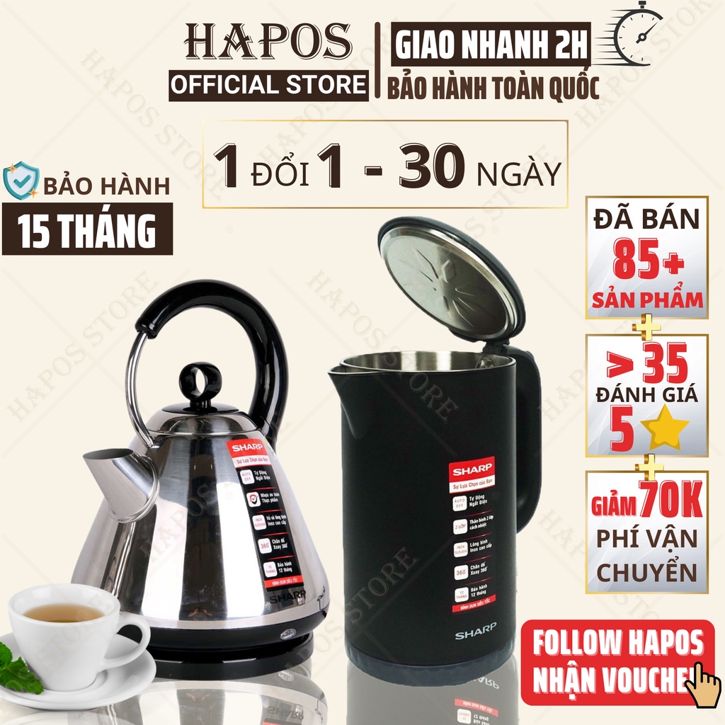 Ấm đun siêu tốc Sharp 1L - 1.7L lõi Inox, Bình đun nước mini có lưới lọc, tự ngắt khi nước sôi và cạn nước - HAPOS